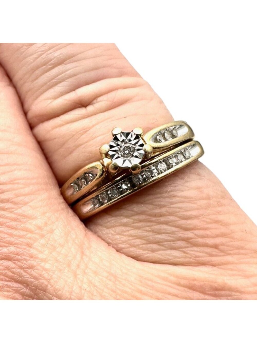 10K Yellow Gold Diamond Ring & Band Set Soldered Size 6.75, 4.2 Grams